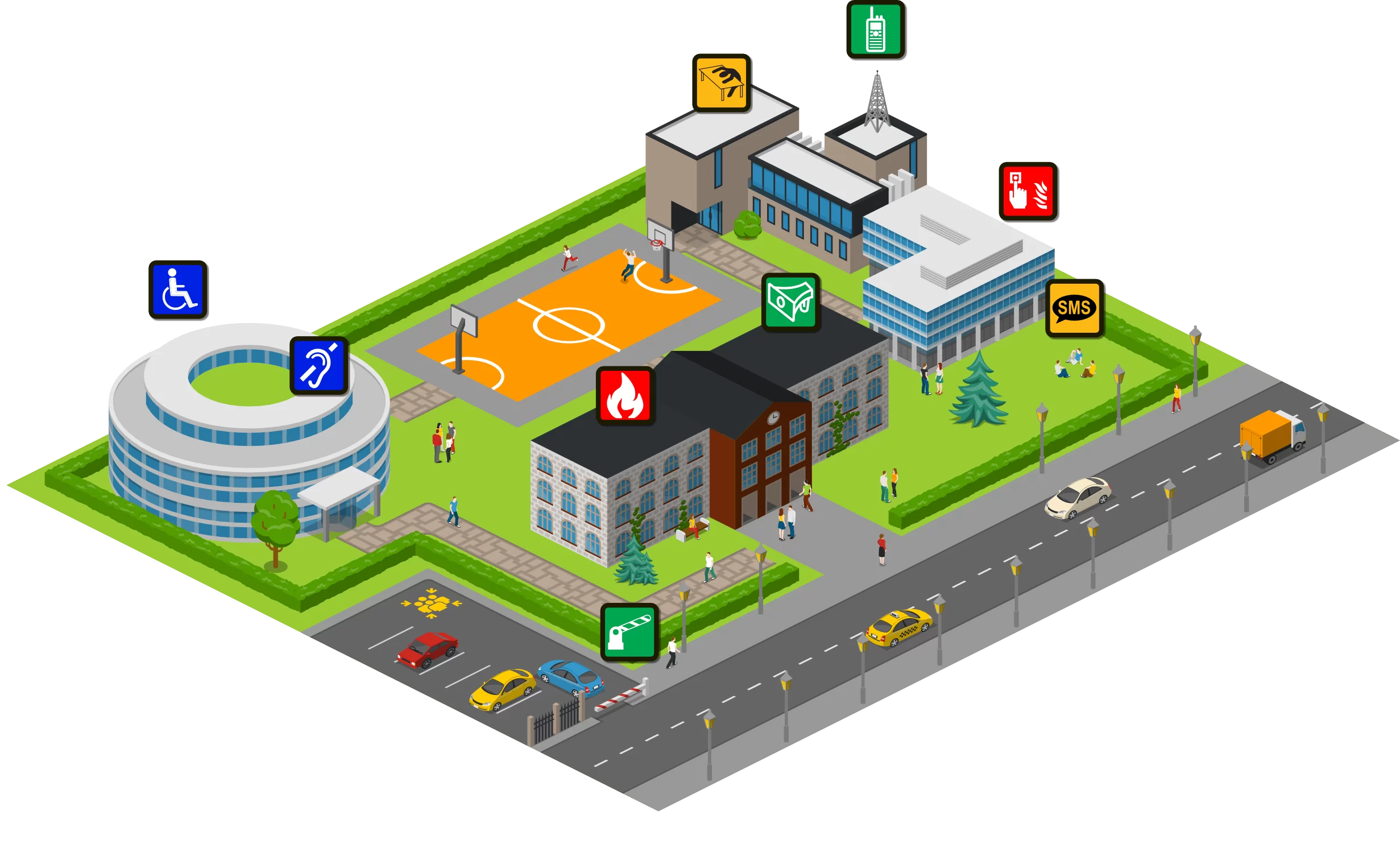 Campus-site-isometric-with-icons